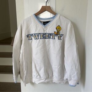 Vintage 90s Looney Tunes Embroidered Tweety Bird V Neck Varsity Sweatshirt